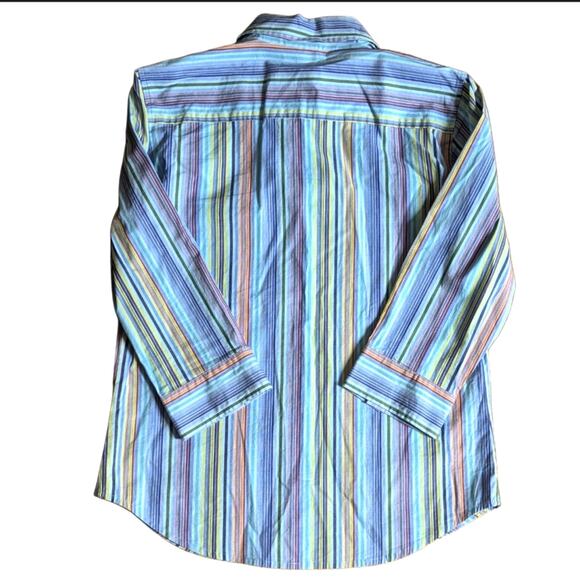 Chico's Blue Rainbow Stripe Mother Of Pearl Buttons Classic Button Down Blouse - Picture 2 of 5